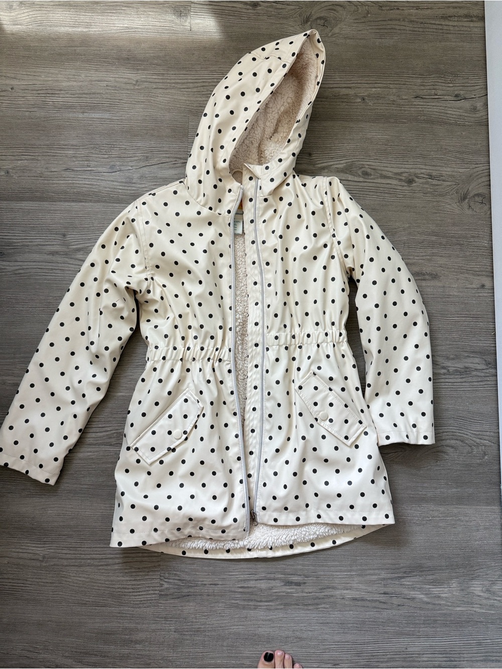 C&C California Cream Hooded Raincoat with Black Polka Dots